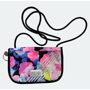 Justice Girls Floral Print Wallet With Shoulder Strap & Charm - Black & Multicol